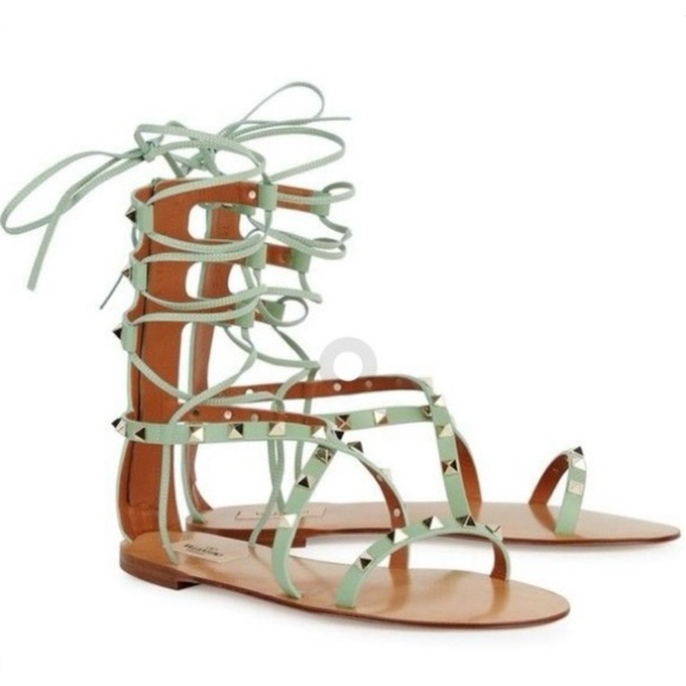 Valentino Rockstud flat lace-up mint green leather gladiator sandals size IT 37